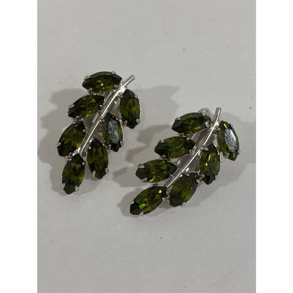 Vintage B David Signed Green Princess Cut Clip On Earrings Fern Leaf